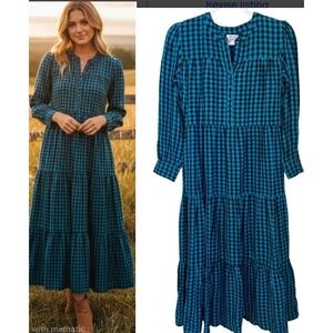 Pink City Prints XS Blue Black Gingham Buffalo Check Tiered L/S Maxi Dress
